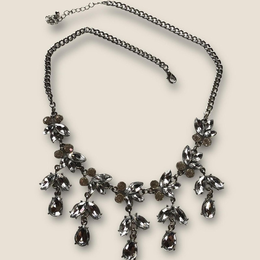 Vintage Clear Crystal Dangle Bib Collar Necklace Formal Wedding Cocktail Event